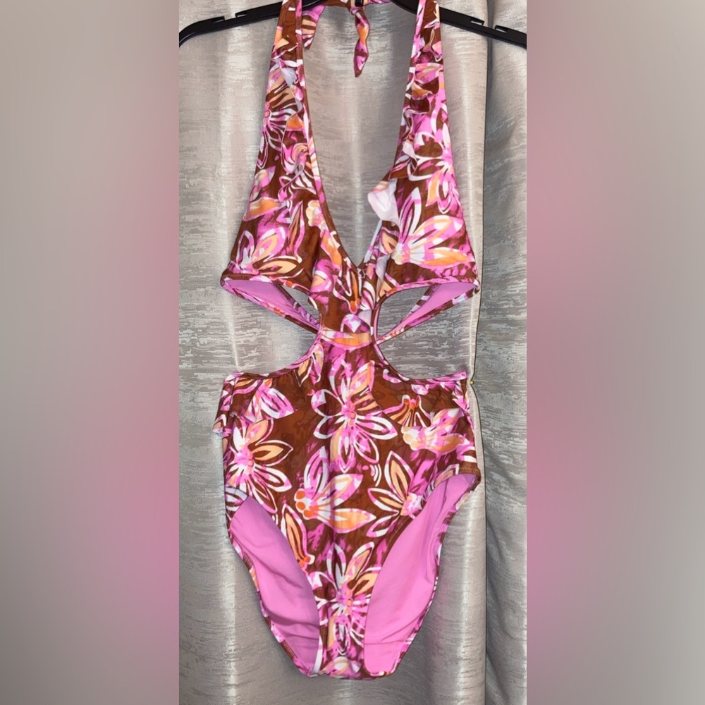 Aerie Pink and Brown Floral One Piece Swimsuit